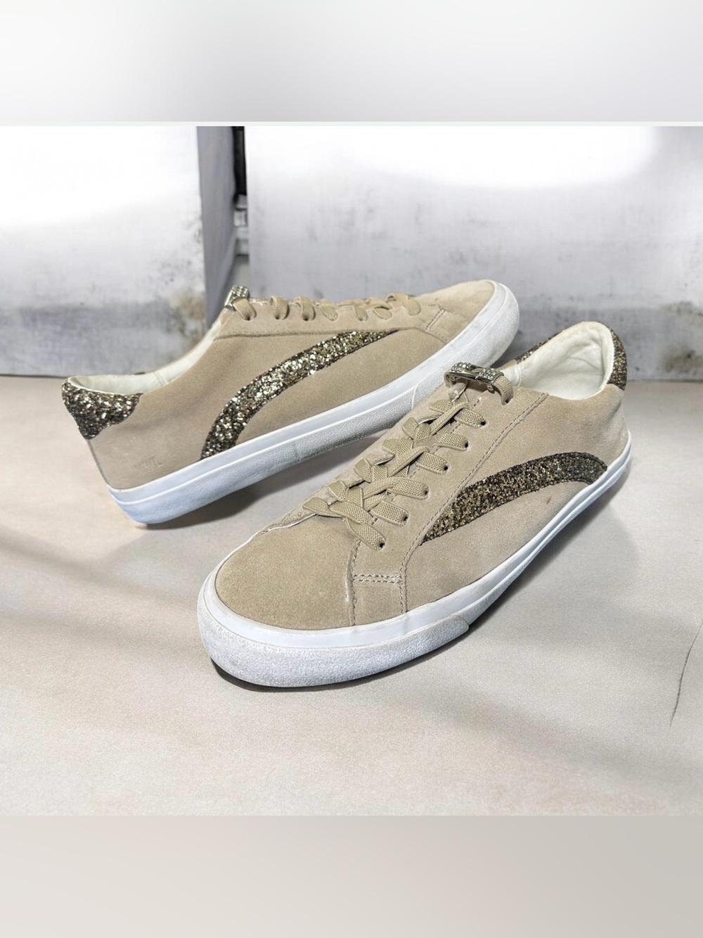Madewell Beige Suede Sneaker with Glitter Stripe